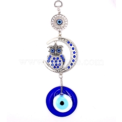 Turkish Blue Evil Eye Hanging Pendant Decoration, Turkish Beads Charms, Rhinestone Moon Owl Charms, for Home Decoration, Antique Silver, 255mm(ANIM-PW0001-020)