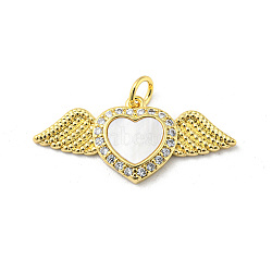 Brass Pendant, with Cubic Zirconia and Freshwater Shell, Heart, Real 16K Gold Plated, 13x28.5x3mm(FIND-Z023-12D)