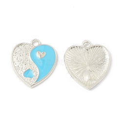 Alloy Enamel Pendants, Heart with Yin Yang Charm, Platinum, Cyan, 17x15x1.6mm, Hole: 1.8mm(ENAM-G212-05P-04)