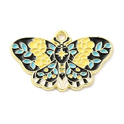 Alloy Enamel Pendants, Golden, Butterfly with Flower Charm, Black, 18x28x1.5mm,Hole: 1.8mm(X-ENAM-R146-01D)