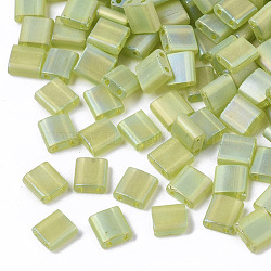 2-Hole Transparent Glass Seed Beads, Frosted AB Colours, Rectangle, Yellow Green, 5x5~5.5x2~2.5mm, Hole: 0.7mm(SEED-T004-02C-02)