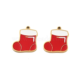 Ion Plating(IP) 304 Stainless Steel Pendants, Christmas Theme Enamel Charms, Golden, Christmas Socking, 13x11.5x1.5mm, Hole: 1mm(STAS-S140-03D)