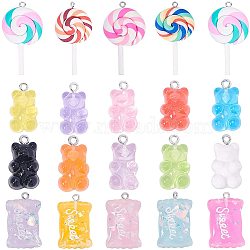 Resin Pendants, with Platinum Plated Iron Findings and Handmade Polymer Clay Big Pendants, Sweets with Word & Bear & Lollipop, Mixed Color, 28.5x17~17.5x8mm, Hole: 2mm(RESI-NB0001-17)
