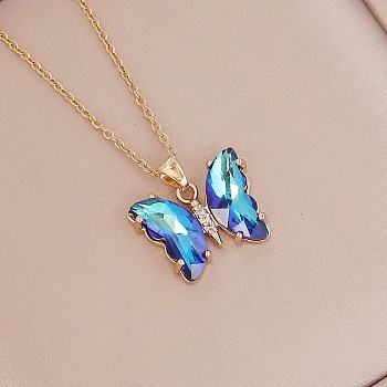 Fashionable Gradient Butterfly Alloy Glass Pendant Necklace, Unique Clavicle Chain for Women, Golden, Deep Sky Blue, show in picture