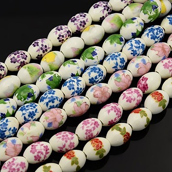 Handmade Flower Printed Porcelain Oval Beads Strands, Mixed Color, 16x11mm, Hole: 3mm, about 23pcs/strand, 14 inch