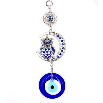 Turkish Blue Evil Eye Hanging Pendant Decoration, Turkish Beads Charms, Rhinestone Moon Owl Charms, for Home Decoration, Antique Silver, 255mm