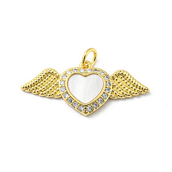 Brass Pendant, with Cubic Zirconia and Freshwater Shell, Heart, Real 16K Gold Plated, 13x28.5x3mm