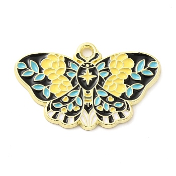 Alloy Enamel Pendants, Golden, Butterfly with Flower Charm, Black, 18x28x1.5mm,Hole: 1.8mm