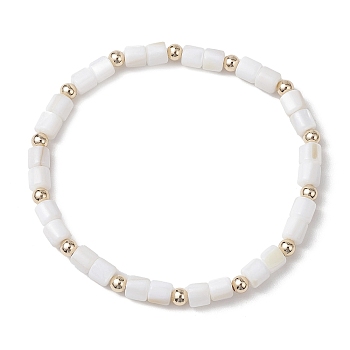 Natural Freshwater Shell Column Beaded Stretch Bracelets for Women, with Brass Spacer Beads, Seashell Color, Inner Diameter: 2-1/8 inch(5.3cm)