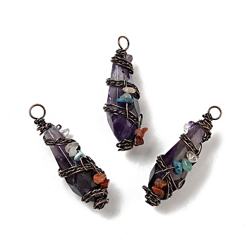 Natural Amethyst Pointed Big Pendants, Faceted Bullet Charm, with Red Copper Tone Brass Findings and Mixed Chip Stones, Cadmium Free & Lead Free, 51~55x15~17x17~19mm, Hole: 5~6mm