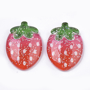 Resin Cabochons, with Glitter Powder, Strawberry, Red, 31.5x23x6.5mm