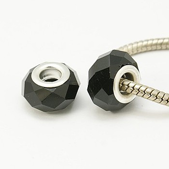Silberfarbe schwarz faszinierend facettierte Glasperlen passen europäischen Schmuck Charme Armbänder & Halskette, ca. 14 mm breit, 9 mm lang, Bohrung: 5 mm