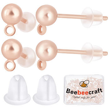 100Pcs Iron Ball Stud Earring Post, with Horizontal Loops and 100Pcs Plastic Ear Nuts, Rose Gold, 6.5x4mm, Hole: 1mm, Pin: 0.8mm