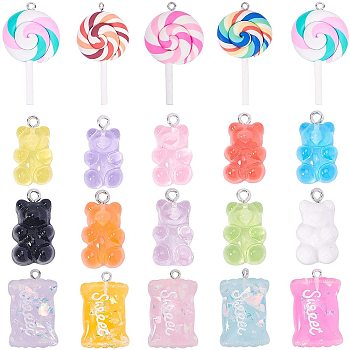 Resin Pendants, with Platinum Plated Iron Findings and Handmade Polymer Clay Big Pendants, Sweets with Word & Bear & Lollipop, Mixed Color, 28.5x17~17.5x8mm, Hole: 2mm