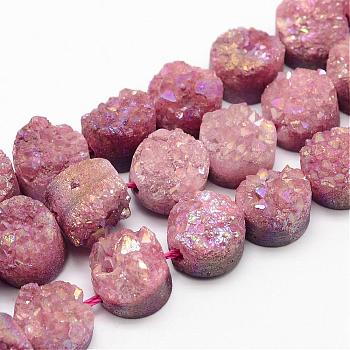 Electroplated Natural Druzy Quartz Crystal Bead Strands, Flat Round, Dyed, Pink, 7~12x5~10mm, Hole: 1.5mm, about 16pcs/strand, 7.8 inch