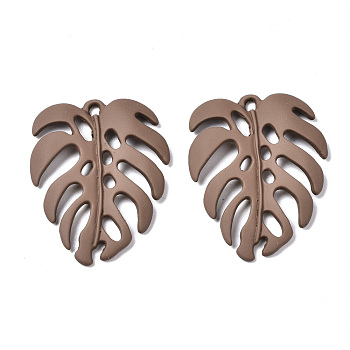 Spray Painted Alloy Pendants, Tropical Leaf Charms, Cadmium Free & Lead Free, Monstera Leaf, Saddle Brown, 34.5x26.5x4mm, Hole: 1.8mm