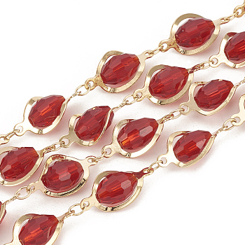 Handmade Brass Beaded Chains, Soldered, with Glass, Real 18K Gold Plated, Red, 16.5x8x6mm