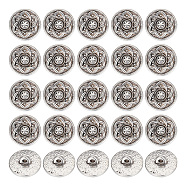30Pcs Zinc Alloy Shank Buttons, 1-Hole, Flat Round with Flower, Antique Silver, 16x6mm, Hole: 2mm(BUTT-GO0001-01)