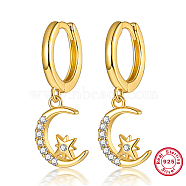 925 Sterling Silver Dangle Hoop Earrings, Moon with Star, Real 18K Gold Plated, 22x8mm(PJ9866)