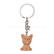 Resin Dog Pendant Keychain, with Iron Rings and Alloy Star Charm, BurlyWood, 8.3cm, Dog: 29x21x19mm(KEYC-JKC00564-01)