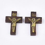 Printed Wooden Pendants, Crucifix Cross, For Easter, Dyed, Coconut Brown, 32.5~33.5x21~22x4.5mm, Hole: 2mm(WOOD-S050-35A-03)