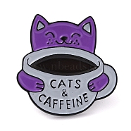 Cartoon Cat Enamel Pins, with Word Cats & Caffeine, Black Alloy Badge for Backpack Clothes, Dark Violet, 30x30x1.8mm(JEWB-D026-03C)