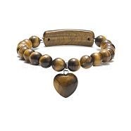 Natural Tiger Eye Beaded Bracelets, Heart Shape Pendant Bracelet, for Women, 3/8 inch(0.85cm), Inner Diameter: 2-1/8 inch(5.5cm)(BJEW-JB09039-02)