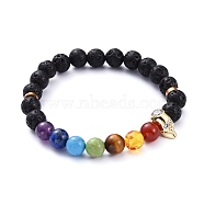 Chakra Jewelry, Natural Black Agate Stretch Bracelets, with Gemstone Beads, Skull Brass Micro Pave Cubic Zirconia Beads and Brass Spacer Beads, Inner Diameter: 2-1/8 inch(5.3cm)(BJEW-JB05246-02)