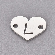304 Stainless Steel Links, Heart with Letter, Stainless Steel Color, Letter.L, 9x12x1mm, Hole: 1.2mm(STAS-CJC0001-03L-P)