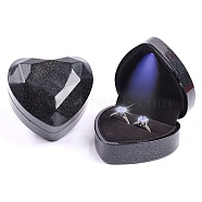 Glitter Heart Shaped Plastic Couple Ring Storage Boxes, Jewelry Ring Gift Case with Velvet Inside and LED Light, Black, 7.15x6.4x4.35cm(CON-C020-01F)