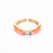 Brass Enamel Cuff Rings, Open Rings, Solitaire Rings, with Clear Cubic Zirconia, Nickel Free, Horse Eye, Golden, Dark Orange, US Size 7(17.3mm)(RJEW-T016-29D-NF)