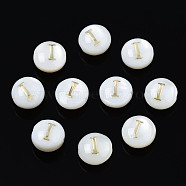 Natural Freshwater Shell Beads, with Golden Plated Brass Etched Metal Embellishments, Flat Round with Letter, Seashell Color, Letter.I, 6x4mm, Hole: 0.8mm(X-SHEL-S278-036I)