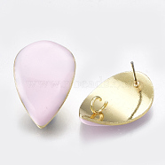 Alloy Stud Earring Findings, with Loop, Enamel and Steel Pins, Teardrop, Light Gold, Pink, 27x17mm, Hole: 3mm, Pin: 0.7mm(PALLOY-S121-02E)