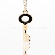 Nickel Free & Lead Free Golden Tone Alloy Enamel Pendants, Long-Lasting Plated, Key Necklace Charms, Black, 32x15x5mm, Hole: 2mm(ENAM-J327-01G-NR)