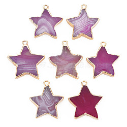 Natural Agate Pendants, with Light Gold Plated Iron Findings, Star, Dyed & Heated, Old Rose, 29~34x25~31x4~6.5mm, Hole: 2mm(G-N326-129B)