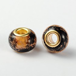 Large Hole Handmade Gold Sand Lampwork Rondelle European Beads, with Golden Brass Double Cores, Black, 15x10mm, Hole: 5mm(X-LAMP-O009-G01E)