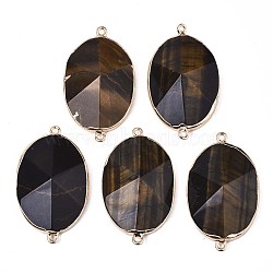 Natural Tiger Eye Links Connectors, with Edge Golden Plated Iron Loops, Oval, Faceted, 42.5x25x9.5mm, Hole: 1.8mm(G-S359-090B)
