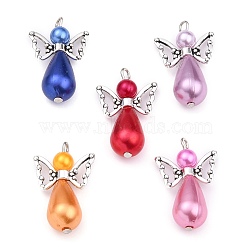 ABS Plastic & Acrylic Imitation Pearl Angel Pendants, with Alloy Wing Beads, for Wedding Decoration, Antique Silver, 29x18x10mm, Hole: 2mm(X-PALLOY-JF00550)