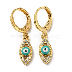Real 18K Gold Plated Brass Dangle Leverback Earrings, with Enamel and Cubic Zirconia, Evil Eye, Dark Turquoise, 28x6mm(EJEW-A033-14G)