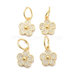 Brass Micro Pave Clear Cubic Zirconia Charms, with Jump Ring, Long-Lasting Plated, Flower, Real 18K Gold Plated, 15x13x3mm, Jump Ring: 10x1mm, 7.5mm Inner Diameter(ZIRC-L091-075G)