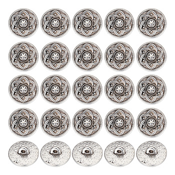 30Pcs Zinc Alloy Shank Buttons, 1-Hole, Flat Round with Flower, Antique Silver, 16x6mm, Hole: 2mm