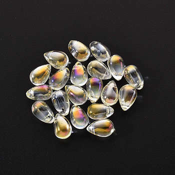 20Pcs Transparent Spray Painted Glass Charms, AB Color Plated, Teardrop, Champagne Yellow, 9x6x6mm, Hole: 1mm
