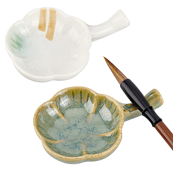 Elite 2Pcs 2 Colors Flower Shape Ceramics Ink Plate with Handle, Porcelain Brush Holder, for Calligraphy Lovers, Mixed Color, 7.3x10.5~10.9x2.3~2.4cm, 1pc/color