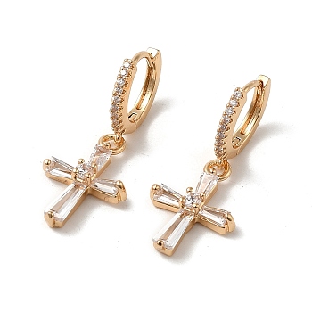 Brass Micro Pave Cubic Zirconia Dangle Hoop Earrings for Women, Cross, Light Gold, 29x12mm