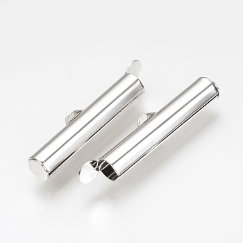 Brass Slide On End Clasp Tubes, Slider End Caps, Nickel Free, Real Platinum Plated, 6.5x30x5mm, Hole: 1mm, Inner Diameter: 3mm