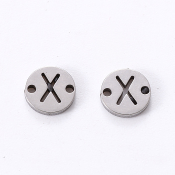 201 Stainless Steel Links, Laser Cut, Flat Round with Letter, Letter.X, 6x6x1mm, Hole: 0.8mm