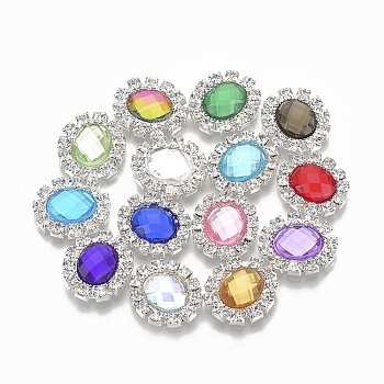 Brass Flat Back Cabochons, with Rhinestone and Acrylic Rhinestone, Faceted, Oval, Silver Color Plated, Mixed Color, 16x14.5x4mm