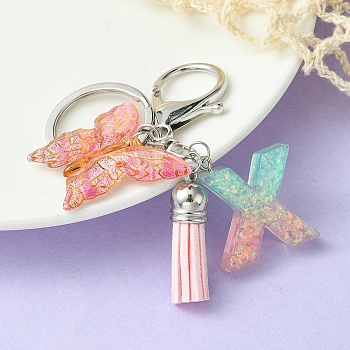 Resin & Acrylic Keychains, with Alloy Split Key Rings and Faux Suede Tassel Pendants, Letter & Butterfly, Letter X, 8.6cm