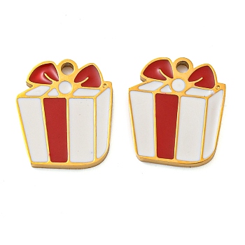 316 Surgical Stainless Steel Charms, with Enamel, Gift Box Charm, Golden, Red, 14x12x1.5mm, Hole: 1.3mm