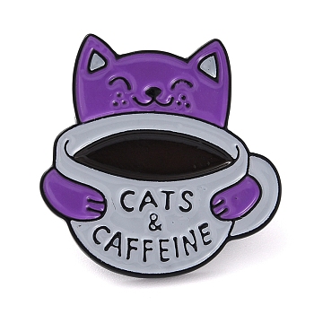 Cartoon Cat Enamel Pins, with Word Cats & Caffeine, Black Alloy Badge for Backpack Clothes, Dark Violet, 30x30x1.8mm